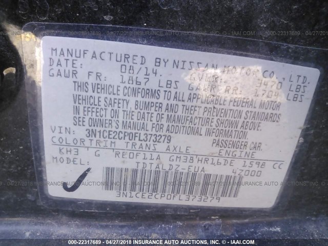 3N1CE2CP0FL373279 - 2015 NISSAN VERSA NOTE S/S PLUS/SV/SL/SR BLACK photo 9