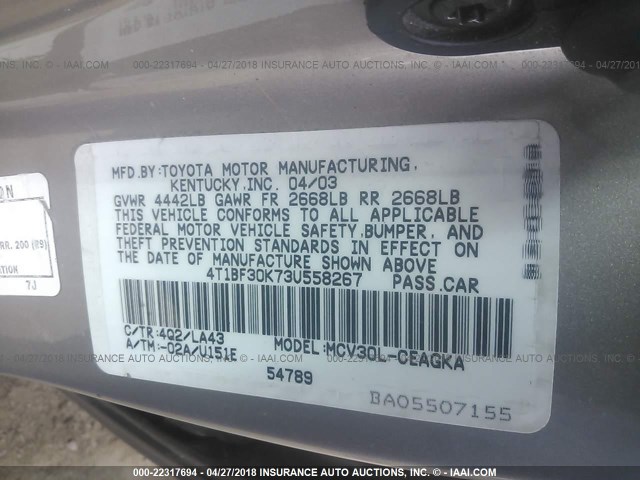 4T1BF30K73U558267 - 2003 TOYOTA CAMRY LE/XLE/SE თაფლისფერი ფოტო 9