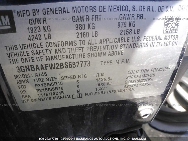 3GNBAAFW2BS637773 - 2011 CHEVROLET HHR LS 深蓝色 照片 9