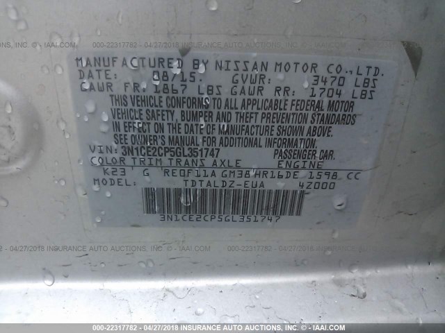 3N1CE2CP5GL351747 - 2016 NISSAN VERSA NOTE S/S PLUS/SV/SL/SR SILVER photo 9