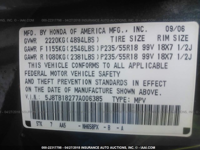 5J8TB18277A006385 - 2007 ACURA RDX GRAY photo 9