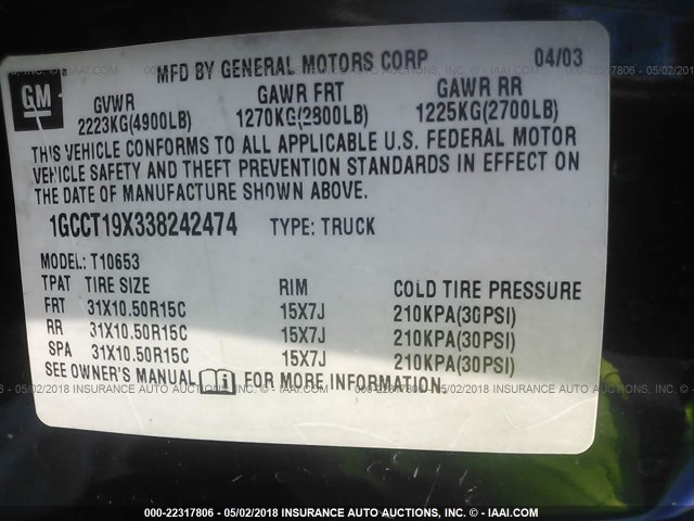 1GCCT19X338242474 - 2003 CHEVROLET S TRUCK S10 GREEN photo 9