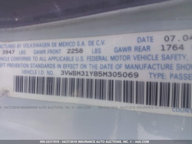 3VWBM31Y85M305069 - 2005 VOLKSWAGEN NEW BEETLE GL 浅蓝色 照片 9