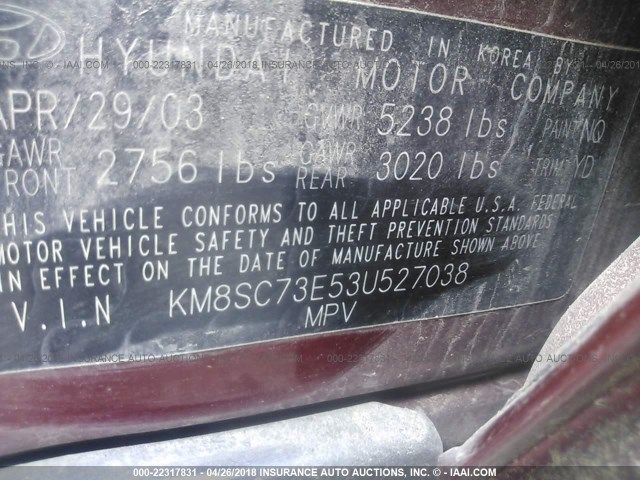 KM8SC73E53U527038 - 2003 HYUNDAI SANTA FE GLS/LX BURGUNDY photo 9