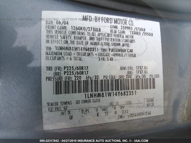 1LNHM81W14Y682351 - 2004 LINCOLN TOWN CAR EXECUTIVE/SIGNATURE Mavi fotoğraf 9