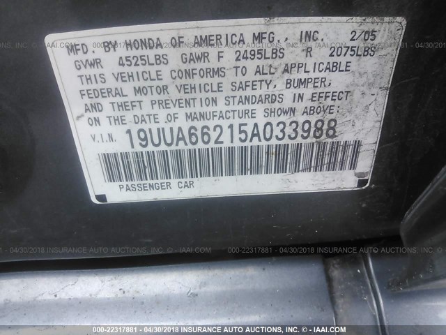 19UUA66215A033988 - 2005 ACURA TL GRAY photo 9