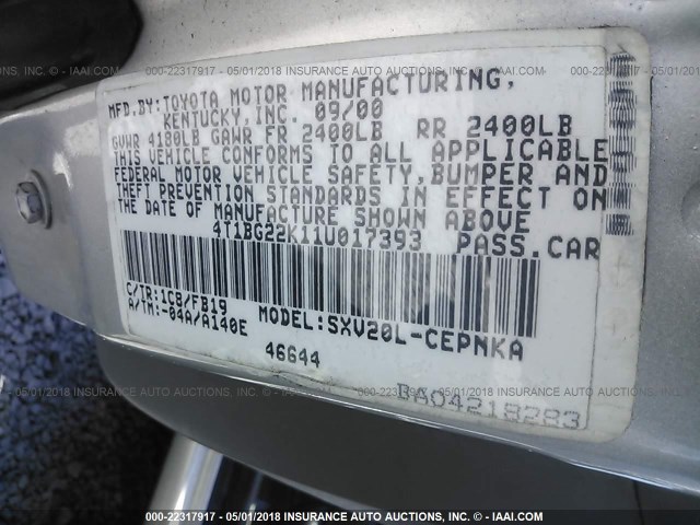 4T1BG22K11U017393 - 2001 TOYOTA CAMRY CE/LE/XLE SILVER photo 9