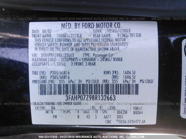 3FAHP07Z98R132663 - 2008 FORD FUSION SE BLACK photo 9