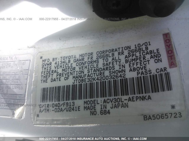 JTDBE32K420032642 - 2002 TOYOTA CAMRY LE/XLE/SE თეთრი ფოტო 9