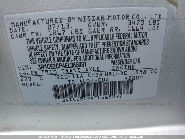3N1CE2CP4EL365037 - 2014 NISSAN VERSA NOTE S/S PLUS/SV/SL SILVER photo 9