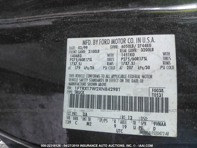 1FTRX17W2XNB42981 - 1999 FORD F150 BLACK photo 9