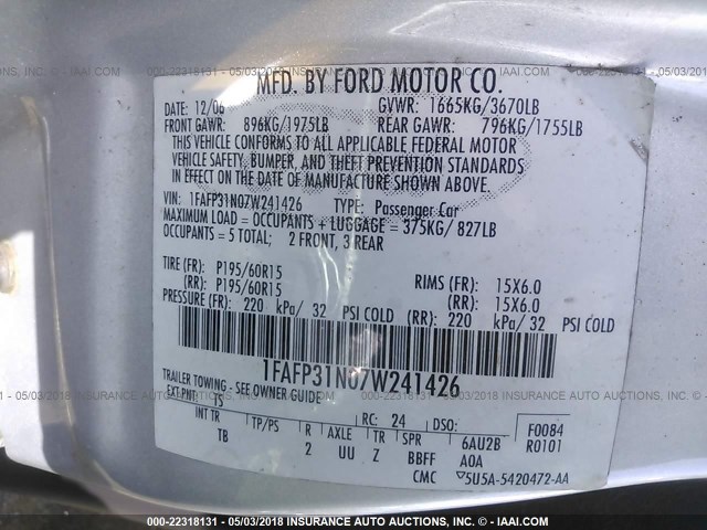 1FAFP31N07W241426 - 2007 FORD FOCUS ZX3/S/SE/SES SILVER photo 9
