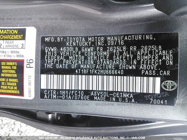 4T1BF1FK2HU666640 - 2017 TOYOTA CAMRY LE/XLE/SE/XSE GRAY photo 9