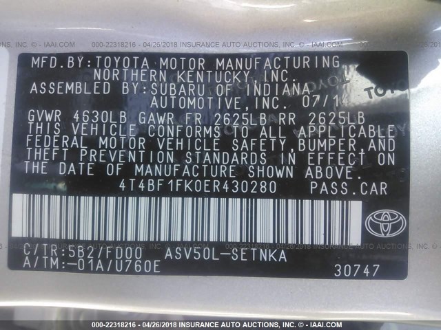 4T4BF1FK0ER430280 - 2014 TOYOTA CAMRY L/SE/LE/XLE 米色 照片 9