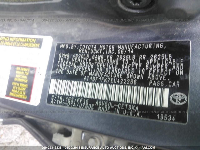 4T1BF1FK7EU422266 - 2014 TOYOTA CAMRY L/SE/LE/XLE 灰色 照片 9