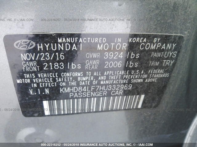 KMHD84LF7HU332969 - 2017 HYUNDAI ELANTRA SE/VALUE/LIMITED GRAY photo 9