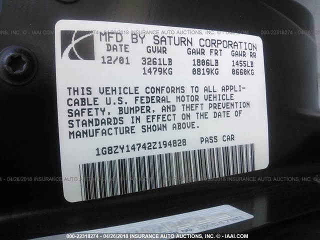 1G8ZY14742Z194828 - 2002 SATURN SC2 BLACK photo 9