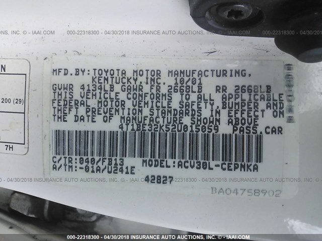 4T1BE32K52U015059 - 2002 TOYOTA CAMRY LE/XLE/SE WHITE photo 9