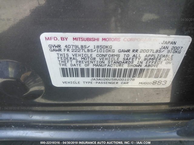 JA3AU26U58U001078 - 2008 MITSUBISHI LANCER ES GRAY photo 9