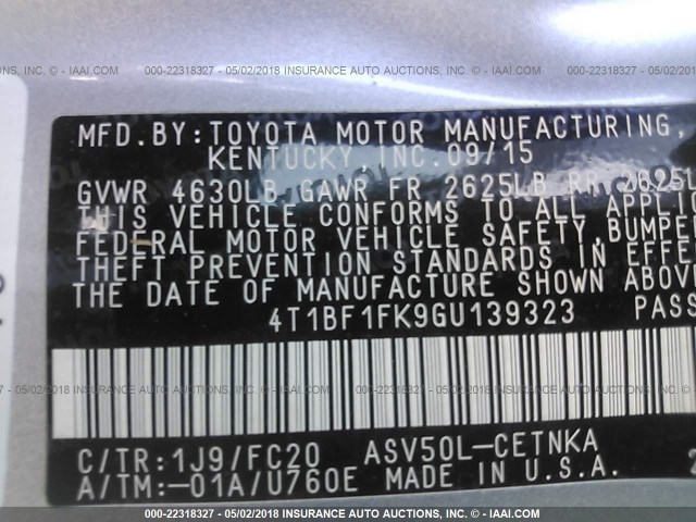 4T1BF1FK9GU139323 - 2016 TOYOTA CAMRY LE/XLE/SE/XSE SILVER photo 9