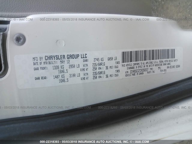 2C4RDGCG7CR356937 - 2012 DODGE GRAND CARAVAN SXT WHITE photo 9