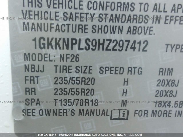 1GKKNPLS9HZ297412 - 2017 GMC ACADIA DENALI WHITE photo 9