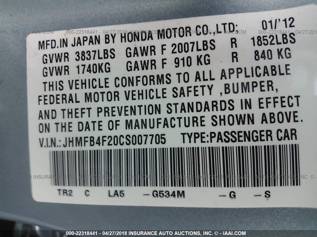 JHMFB4F20CS007705 - 2012 HONDA CIVIC HYBRID GREEN photo 9