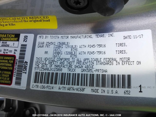 5TFCZ5AN8JX123080 - 2018 TOYOTA TACOMA DBL CAB/SR/TRDSPT/OR/PRO ვერცხლისფერი ფოტო 9