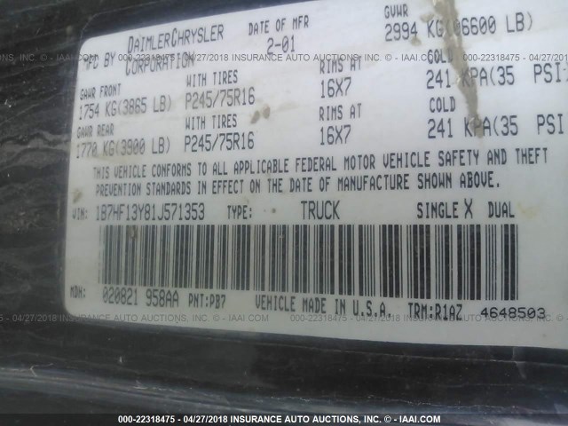 1B7HF13Y81J571353 - 2001 DODGE RAM 1500 BLACK photo 9