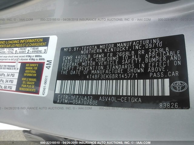 4T4BF3EK6BR145771 - 2011 TOYOTA CAMRY SE/LE/XLE ვერცხლისფერი ფოტო 9