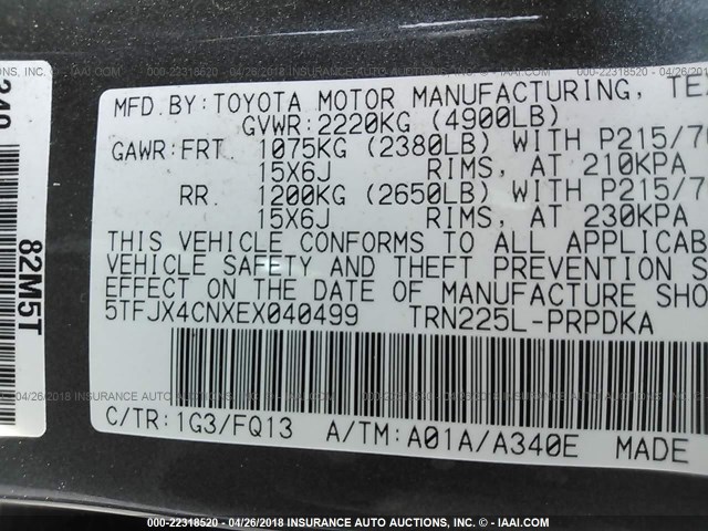 5TFJX4CNXEX040499 - 2014 TOYOTA TACOMA DOUBLE CAB 灰色 照片 9