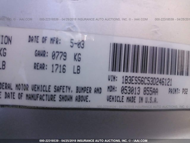 1B3ES56C53D246121 - 2003 DODGE NEON SXT SILVER photo 9