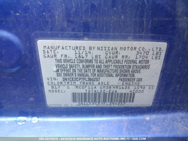 3N1CE2CP7FL394257 - 2015 NISSAN VERSA NOTE S/S PLUS/SV/SL/SR BLUE photo 9