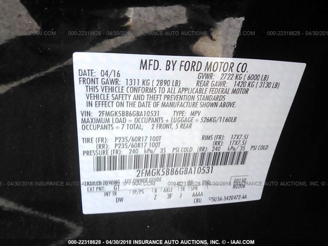 2FMGK5B86GBA10531 - 2016 FORD FLEX SE BLACK photo 9