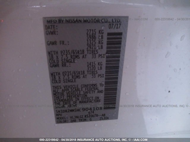 5N1DR2MM5HC904108 - 2017 NISSAN PATHFINDER S/SV/SL/PLATINUM WHITE photo 9