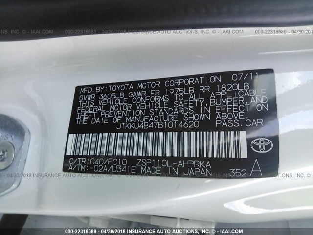 JTKKU4B47B1014620 - 2011 TOYOTA SCION XD WHITE photo 9