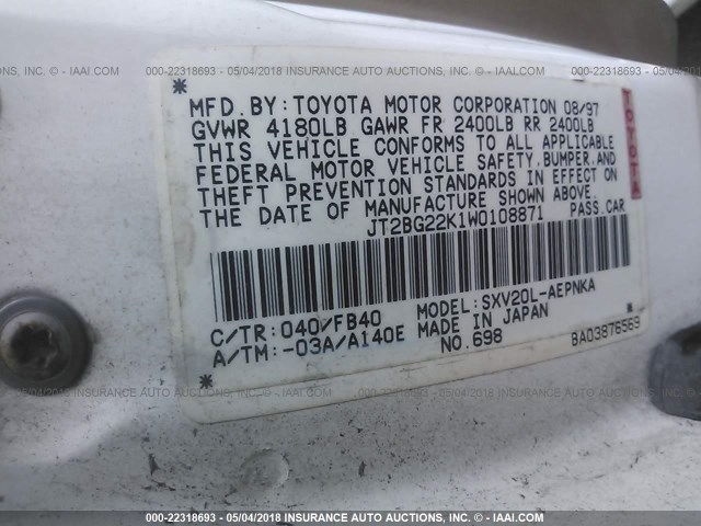 JT2BG22K1W0108871 - 1998 TOYOTA CAMRY CE/LE/XLE 白色 照片 9