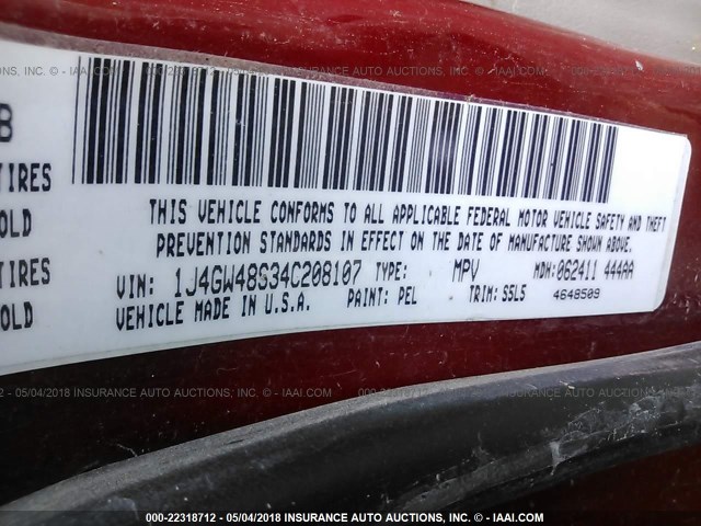 1J4GW48S34C208107 - 2004 JEEP GRAND CHEROKEE LAREDO/COLUMBIA/FREEDOM 栗色 照片 9