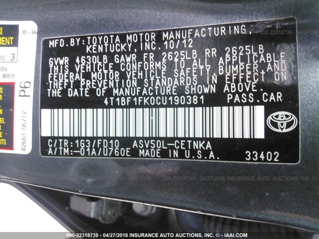 4T1BF1FK0CU190381 - 2012 TOYOTA CAMRY SE/LE/XLE GRAY photo 9