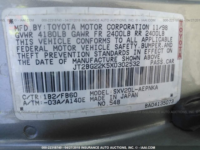 JT2BG22K5X0302532 - 1999 TOYOTA CAMRY LE/XLE GOLD photo 9