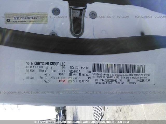 1C4NJDEB6DD280462 - 2013 JEEP COMPASS LATITUDE თეთრი ფოტო 9