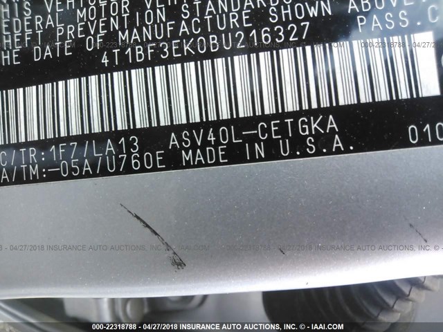 4T1BF3EK0BU216327 - 2011 TOYOTA CAMRY SE/LE/XLE ვერცხლისფერი ფოტო 9