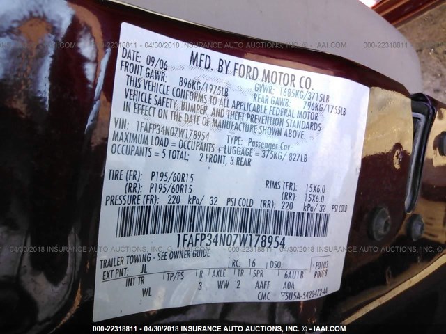 1FAFP34N07W178954 - 2007 FORD FOCUS ZX4/S/SE/SES 勃艮第红 照片 9