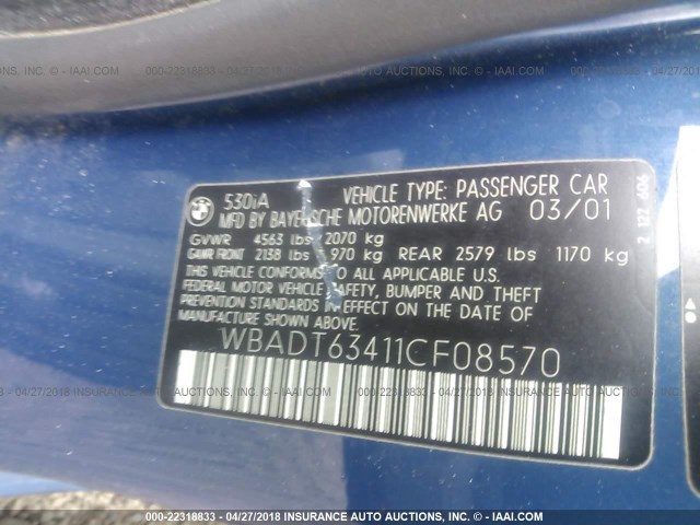 WBADT63411CF08570 - 2001 BMW 530 I AUTOMATIC BLUE photo 9