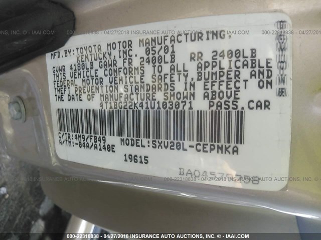 4T1BG22K41U103071 - 2001 TOYOTA CAMRY CE/LE/XLE 金色 照片 9