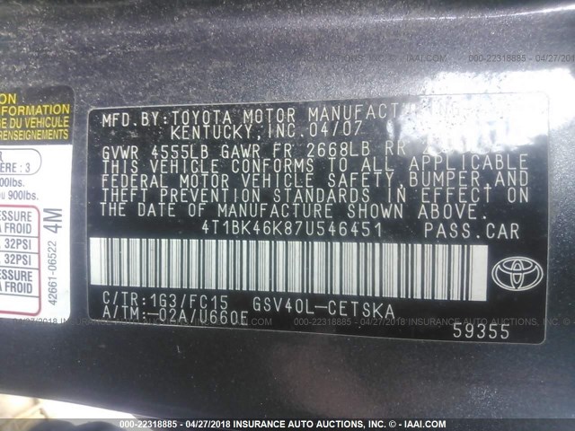 4T1BK46K87U546451 - 2007 TOYOTA CAMRY NEW GENERAT LE/XLE/SE GRAY photo 9