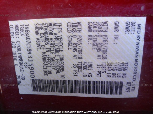 1N6BA07C59N315900 - 2009 NISSAN TITAN XE/SE/LE/PRO-4X RED photo 9