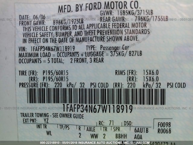 1FAFP34N67W118919 - 2007 FORD FOCUS ZX4/S/SE/SES 白色 照片 9