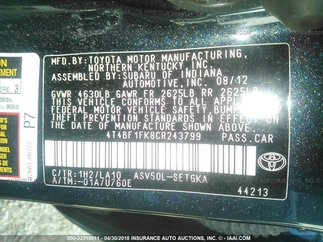 4T4BF1FK8CR243799 - 2012 TOYOTA CAMRY SE/LE/XLE 海军蓝 照片 9