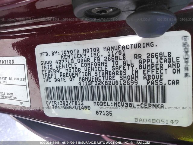 4T1BF32K82U012699 - 2002 TOYOTA CAMRY LE/XLE/SE 勃艮第红 照片 9